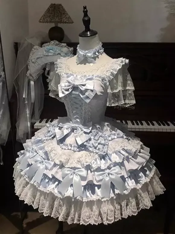 Sweet Ballet Hime Lolita Dresses Ruffles Blue Cake Lolita Dress With Train