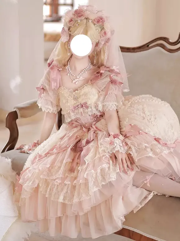 Sweet Ballet Hime Wedding Lolita Dress Bows Ruffles Pink Lolita Dress With Train