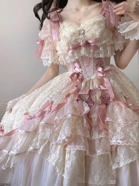 Sweet Ballet Hime Wedding Lolita Dress Bows Ruffles Pink Lolita Dress With Train