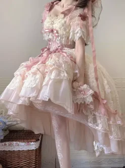 Sweet Ballet Hime Wedding Lolita Dress Bows Ruffles Pink Lolita Dress With Train