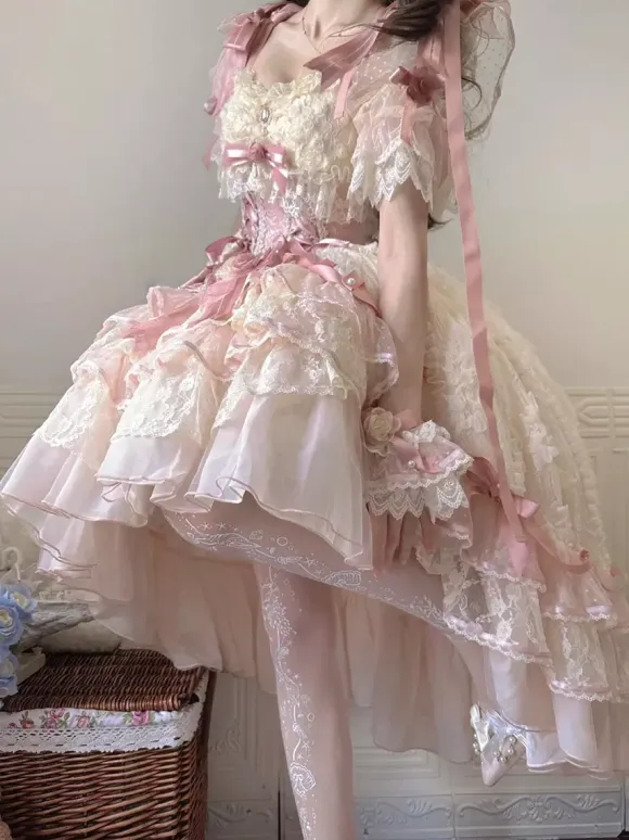 Sweet Ballet Hime Wedding Lolita Dress Bows Ruffles Pink Lolita Dress With Train