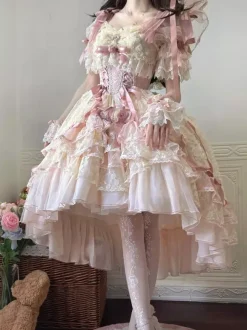 Sweet Ballet Hime Wedding Lolita Dress Bows Ruffles Pink Lolita Dress With Train