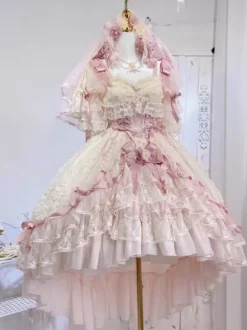 Sweet Ballet Hime Wedding Lolita Dress Bows Ruffles Pink Lolita Dress With Train