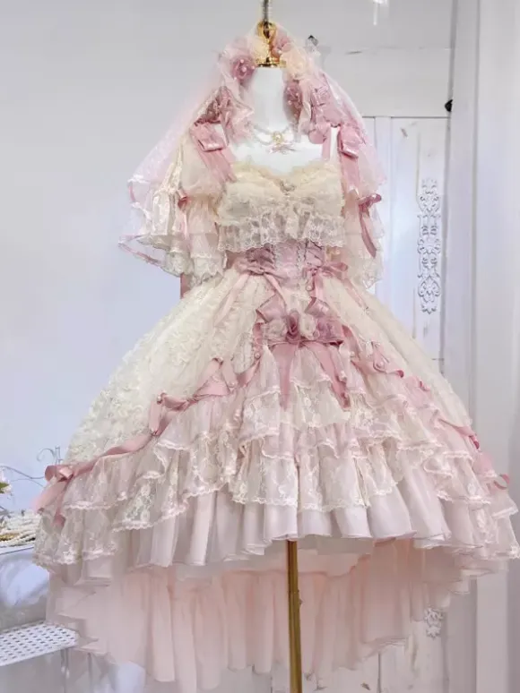 Sweet Ballet Hime Wedding Lolita Dress Bows Ruffles Pink Lolita Dress With Train