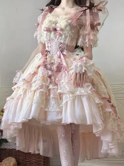 Sweet Ballet Hime Wedding Lolita Dress Bows Ruffles Pink Lolita Dress With Train