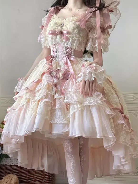 Sweet Ballet Hime Wedding Lolita Dress Bows Ruffles Pink Lolita Dress With Train