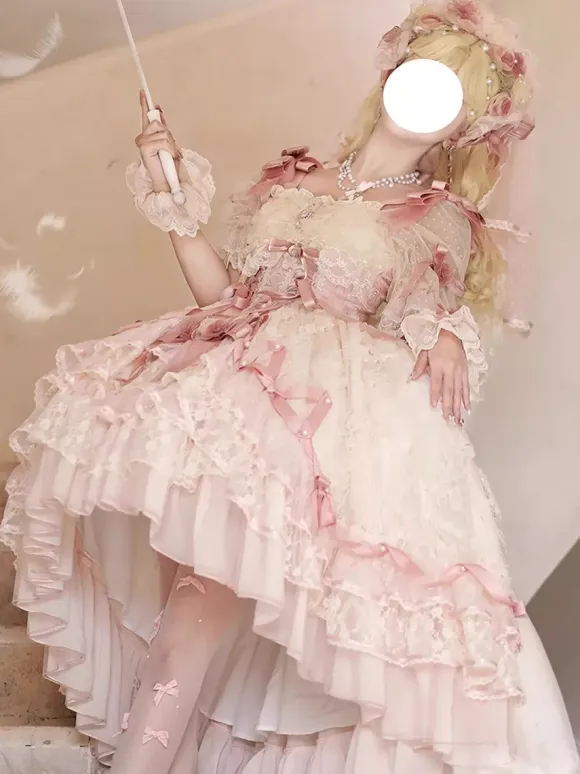 Sweet Ballet Hime Wedding Lolita Dress Bows Ruffles Pink Lolita Dress With Train