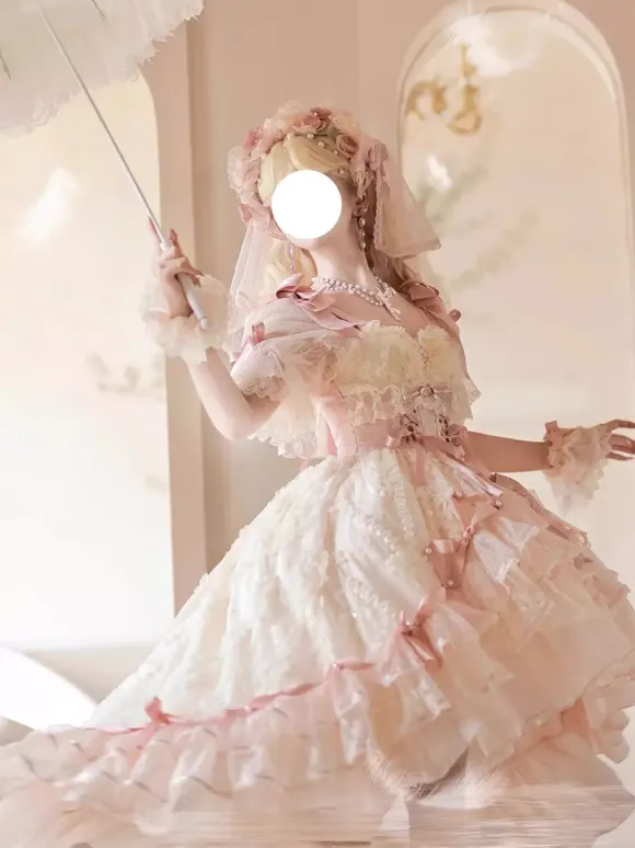 Sweet Ballet Hime Wedding Lolita Dress Bows Ruffles Pink Lolita Dress With Train
