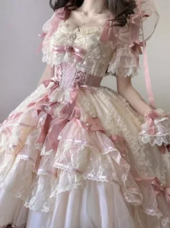 Sweet Ballet Hime Wedding Lolita Dress Bows Ruffles Pink Lolita Dress With Train