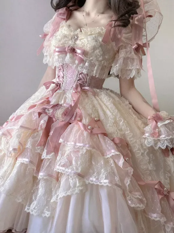 Sweet Ballet Hime Wedding Lolita Dress Bows Ruffles Pink Lolita Dress With Train