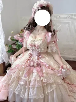 Sweet Ballet Hime Wedding Lolita Dress Bows Ruffles Pink Lolita Dress With Train