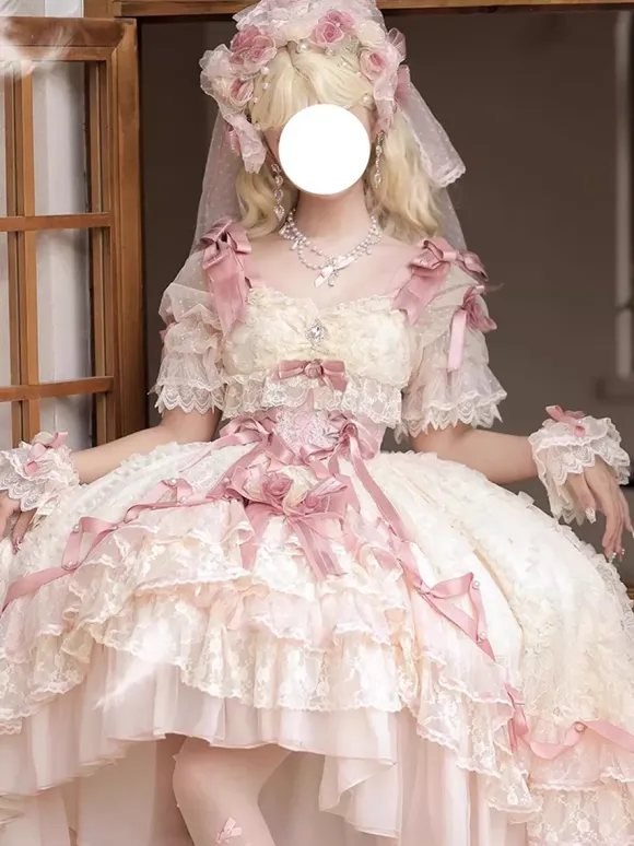 Sweet Ballet Hime Wedding Lolita Dress Bows Ruffles Pink Lolita Dress With Train