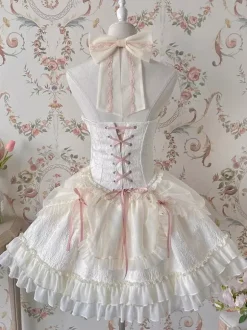 Sweet Ballet Lolita Dress Halter Sleeveless Ruffles Lace Up Oversleeves Dress Pink Lolita Dress With Headwear