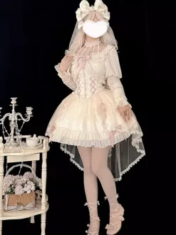Sweet Ballet Lolita Dress Halter Sleeveless Ruffles Lace Up Oversleeves Dress Pink Lolita Dress With Headwear