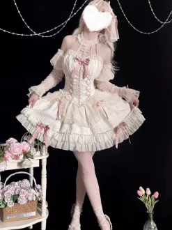 Sweet Ballet Lolita Dress Halter Sleeveless Ruffles Lace Up Oversleeves Dress Pink Lolita Dress With Headwear