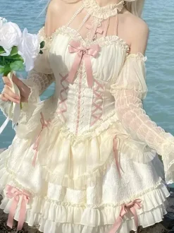 Sweet Ballet Lolita Dress Halter Sleeveless Ruffles Lace Up Oversleeves Dress Pink Lolita Dress With Headwear