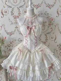 Sweet Ballet Lolita Dress Halter Sleeveless Ruffles Lace Up Oversleeves Dress Pink Lolita Dress With Headwear