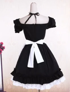 Sweet Black Cotton Maid Lolita One-piece White Apron Short Sleeves Lace Trim
