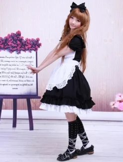 Sweet Black Cotton Maid Lolita One-piece White Apron Short Sleeves Lace Trim