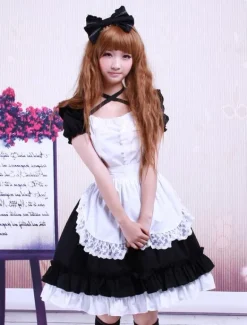 Sweet Black Cotton Maid Lolita One-piece White Apron Short Sleeves Lace Trim