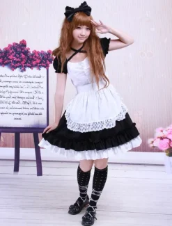 Sweet Black Cotton Maid Lolita One-piece White Apron Short Sleeves Lace Trim