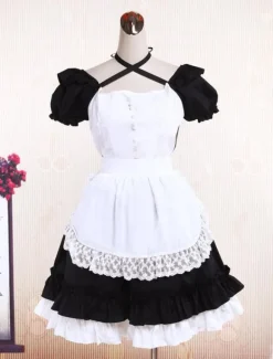 Sweet Black Cotton Maid Lolita One-piece White Apron Short Sleeves Lace Trim