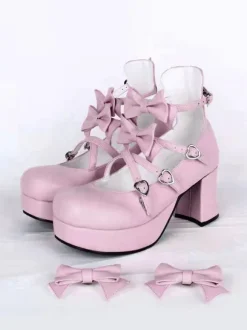 Sweet Chunky Heels Lolita Shoes Platform Bow Decor Round Toe