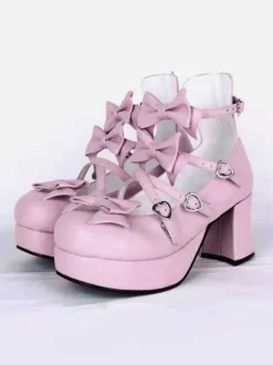 Sweet Chunky Heels Lolita Shoes Platform Bow Decor Round Toe
