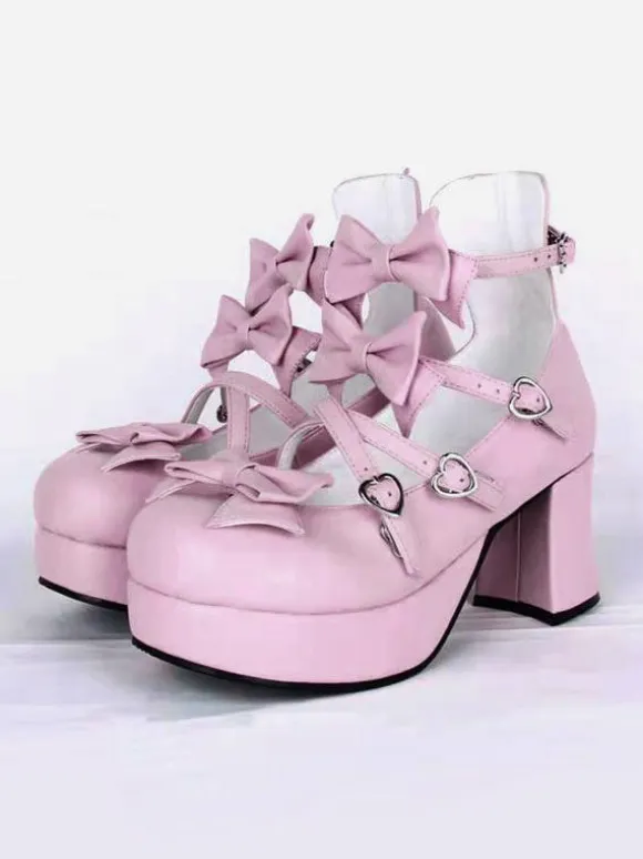 Sweet Chunky Heels Lolita Shoes Platform Bow Decor Round Toe