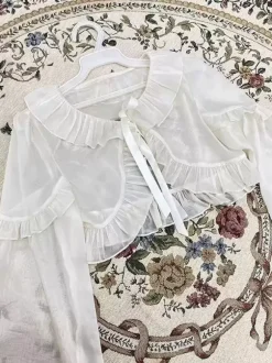 Sweet Ecru White Long Sleeves Ruffles