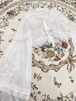 Sweet Ecru White Long Sleeves Ruffles