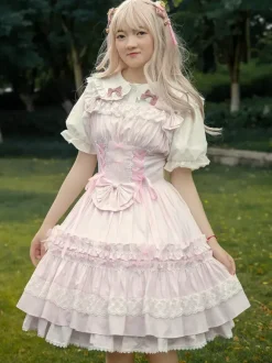 Sweet Light Pink Cotton Lolita Jumper Skirt Lace Trim Lace Up Ruffles
