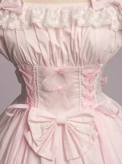 Sweet Light Pink Cotton Lolita Jumper Skirt Lace Trim Lace Up Ruffles
