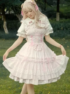 Sweet Light Pink Cotton Lolita Jumper Skirt Lace Trim Lace Up Ruffles