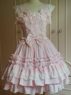 Sweet Light Pink Cotton Lolita Jumper Skirt Lace Trim Lace Up Ruffles