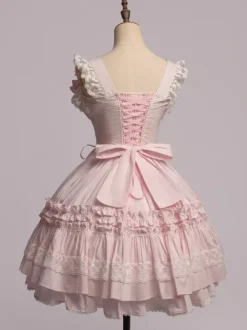 Sweet Light Pink Cotton Lolita Jumper Skirt Lace Trim Lace Up Ruffles