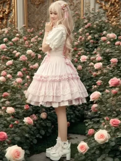 Sweet Light Pink Cotton Lolita Jumper Skirt Lace Trim Lace Up Ruffles