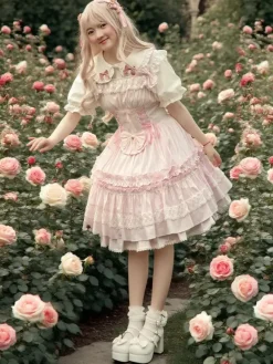 Sweet Light Pink Cotton Lolita Jumper Skirt Lace Trim Lace Up Ruffles