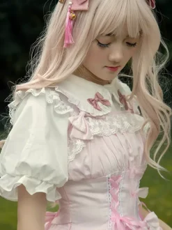 Sweet Light Pink Cotton Lolita Jumper Skirt Lace Trim Lace Up Ruffles