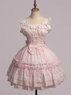 Sweet Light Pink Cotton Lolita Jumper Skirt Lace Trim Lace Up Ruffles
