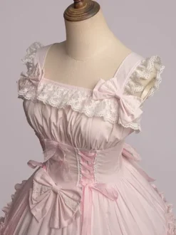 Sweet Light Pink Cotton Lolita Jumper Skirt Lace Trim Lace Up Ruffles