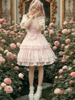 Sweet Light Pink Cotton Lolita Jumper Skirt Lace Trim Lace Up Ruffles