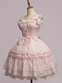 Sweet Light Pink Cotton Lolita Jumper Skirt Lace Trim Lace Up Ruffles