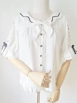 Sweet Lolita Blouses Lace Bows Lolita Top Half Sleeves Blouse Color Block White Lolita Shirt