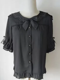 Sweet Lolita Blouses Lace Bows Lolita Top Half Sleeves Blouse Color Block White Lolita Shirt