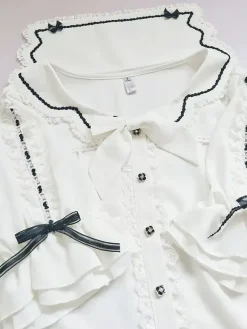 Sweet Lolita Blouses Lace Bows Lolita Top Half Sleeves Blouse Color Block White Lolita Shirt