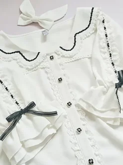 Sweet Lolita Blouses Lace Bows Lolita Top Half Sleeves Blouse Color Block White Lolita Shirt