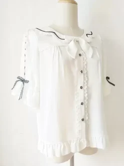 Sweet Lolita Blouses Lace Bows Lolita Top Half Sleeves Blouse Color Block White Lolita Shirt