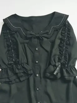 Sweet Lolita Blouses Lace Bows Lolita Top Half Sleeves Blouse Color Block White Lolita Shirt