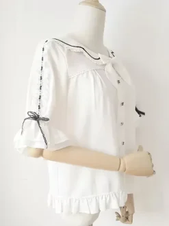 Sweet Lolita Blouses Lace Bows Lolita Top Half Sleeves Blouse Color Block White Lolita Shirt